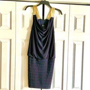 Betsy & Adam Navy Cocktail Dress Gold Chain Shoulders
